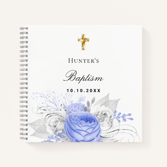 Livre d'hôtes baptême bleu garçon floraux croisent (Devant)