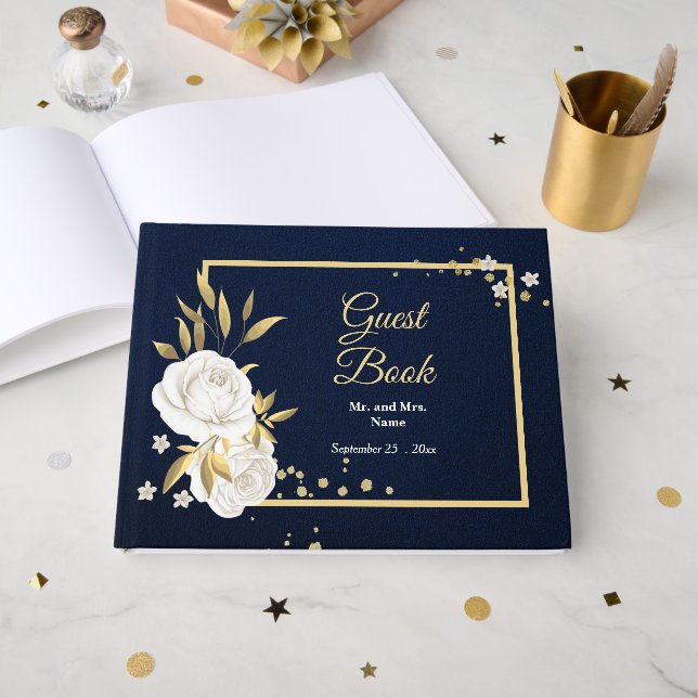 livre d'hôtes chic blanc floral or feuille marine  (Recto ouvert)