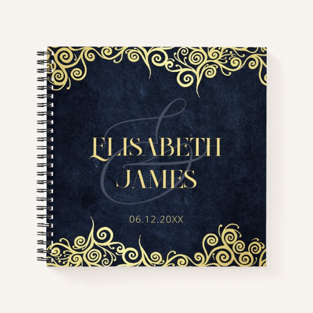 Livre d'hôtes Classy Navy Blue and Gold Swirl Mari (Devant)