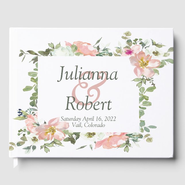 Livre d'hôtes de mariage fleuri d'aquarelle rose (Recto)