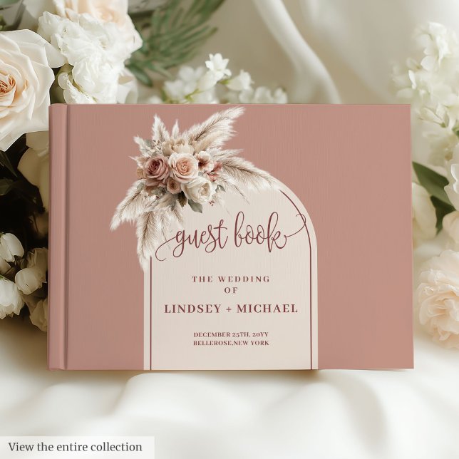 Livre d'hôtes luxueux Pampas Rose Pampa Arch Flora (Luxury Dusty Pink Pampas Arch Floral Guest Book)