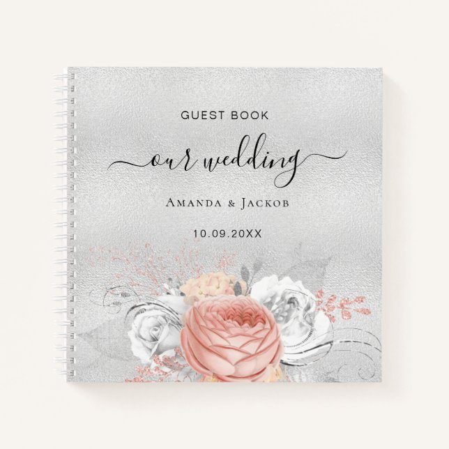 Livre d'hôtes mariage argent rose or fleuri (Devant)