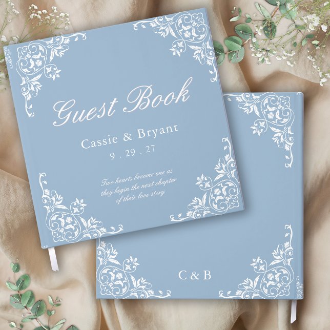 Livre d'hôtes Mariage blanc bleu clair chic (formal blue and white wedding guest book with persoanlized name date monogram saying gift ideas)
