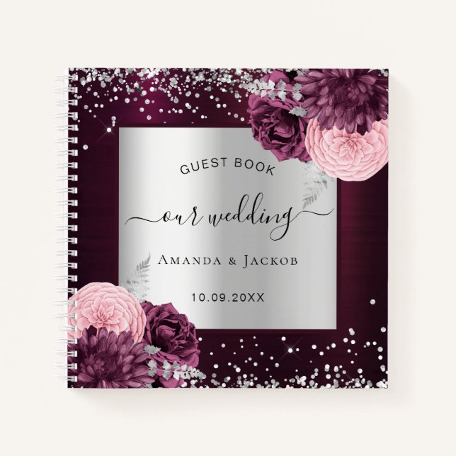 Livre d'hôtes mariage bordeaux argent floral (Devant)