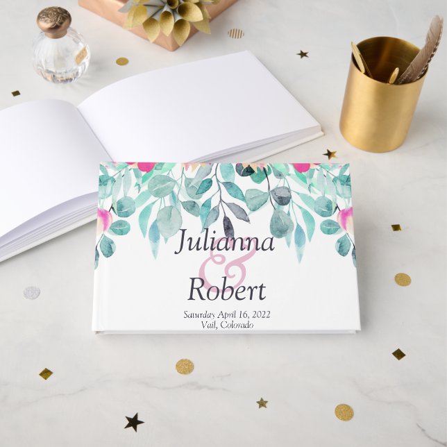 Livre d'hôtes mariage fleuri à ressort rose (Recto ouvert)