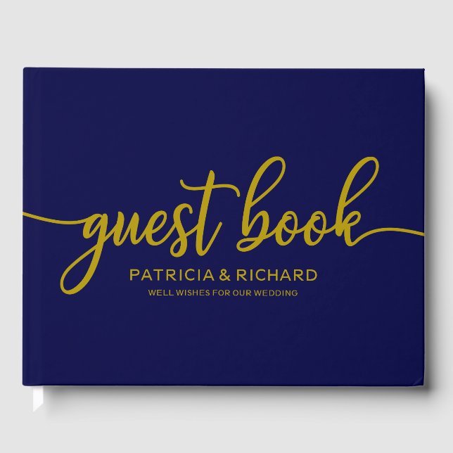 Livre d'hôtes mariage Gold Marine Blue Calligraphy (Recto)