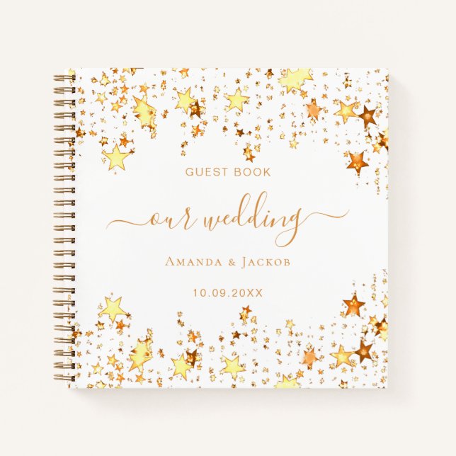 Livre d'hôtes mariage or blanc étoiles élégant (Devant)