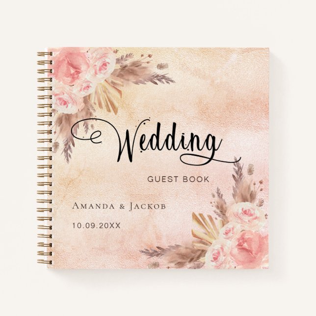 Livre d'hôtes mariage pampas herbe rose or  or (Devant)