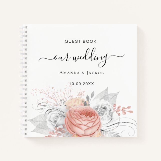 Livre d'hôtes mariage rose or fleuri or argent (Devant)