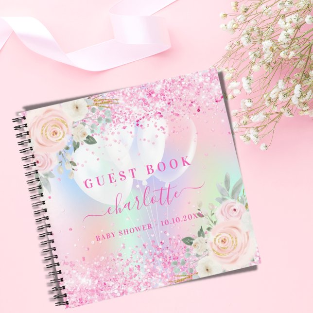 Livre d'invité baby shower flores roses holographi (Créateur téléchargé)