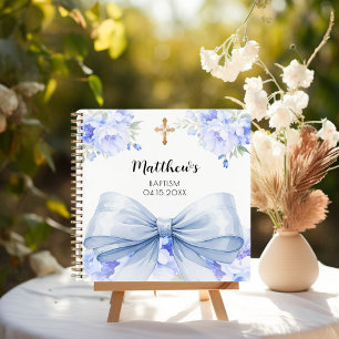Livre d'invité Baptême bleu arc fleurons garçon