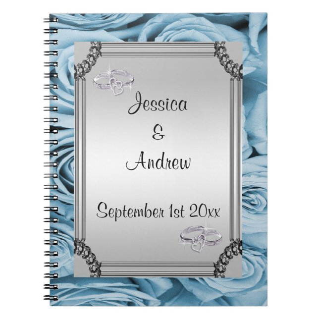 Livre d'invité bleu de roses et d'anneaux de noces (Devant)