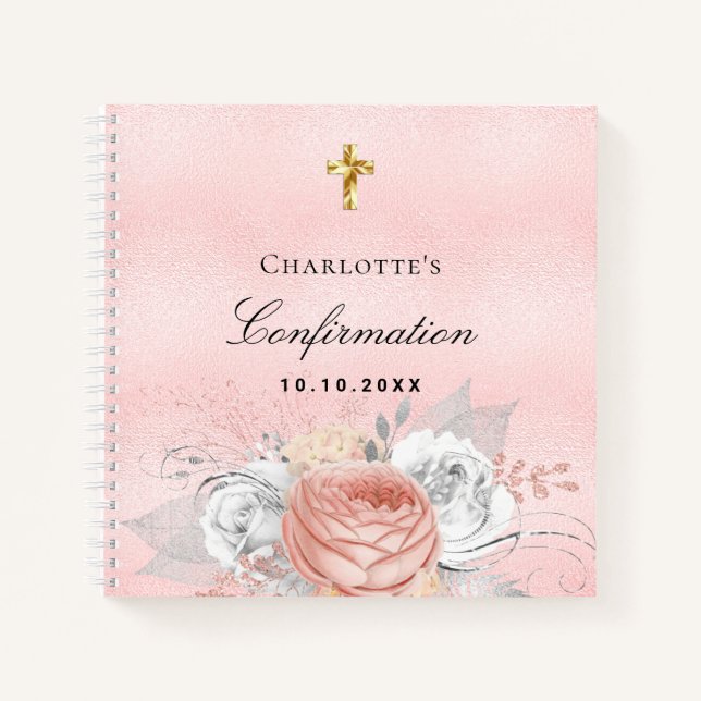 Livre d'invité confirmation flush rose or fleurs (Devant)