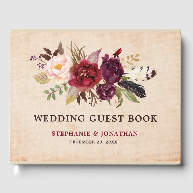 Livre d'invité du Mariage Burgundy Red Floral Rust (Recto)