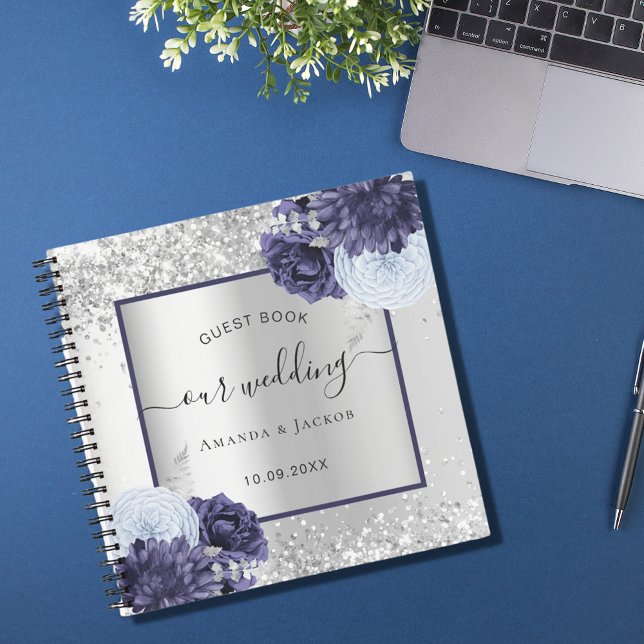 Livre d'invité mariage argent bleu marine florales (Créateur téléchargé)
