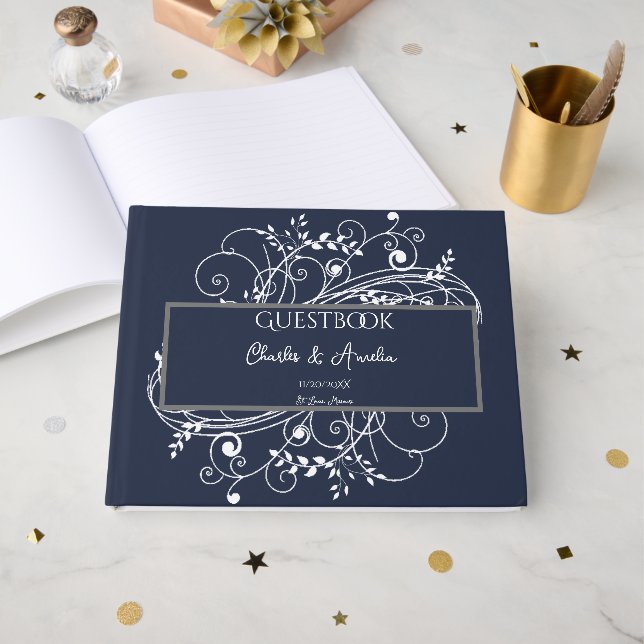 Livre d'invité Mariage de la Marine Blue Flourish (Recto ouvert)