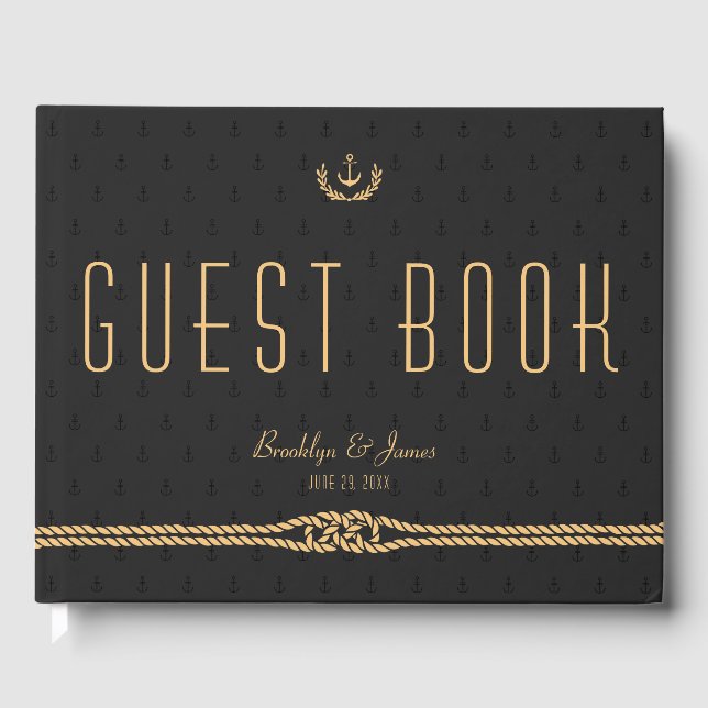 Livre D'Invité Mariage Nautique Noir Et Or (Recto)