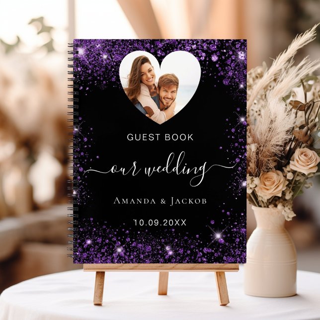 Livre d'invité mariage noir violet coeur photo (Créateur téléchargé)