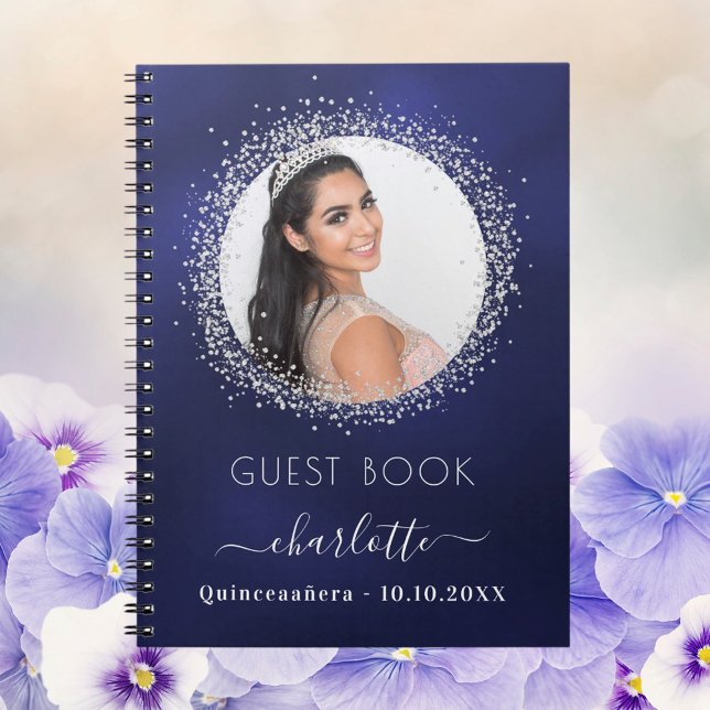 Livre d'invité Quinceanera marine bleu argent phot (Créateur téléchargé)