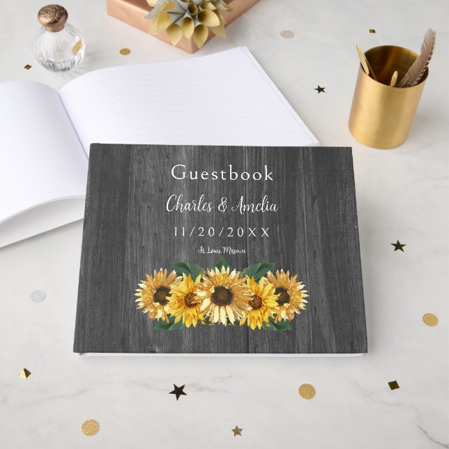 Livre d'invité Rustic Patiné Mariage Sunflower (Recto ouvert)