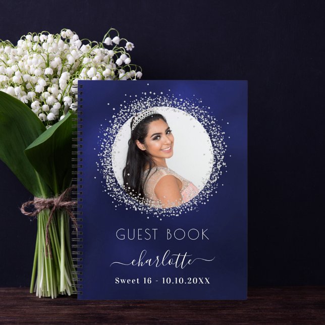 Livre d'invité Sweet 16 marine bleu argent photo (Créateur téléchargé)
