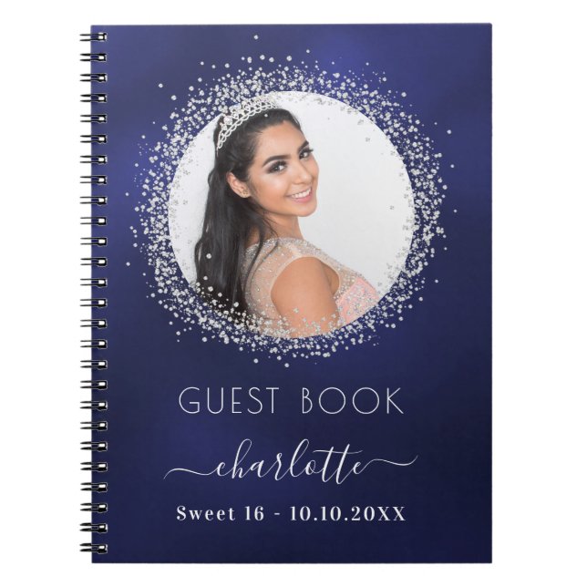 Livre d'invité Sweet 16 marine bleu argent photo (Devant)