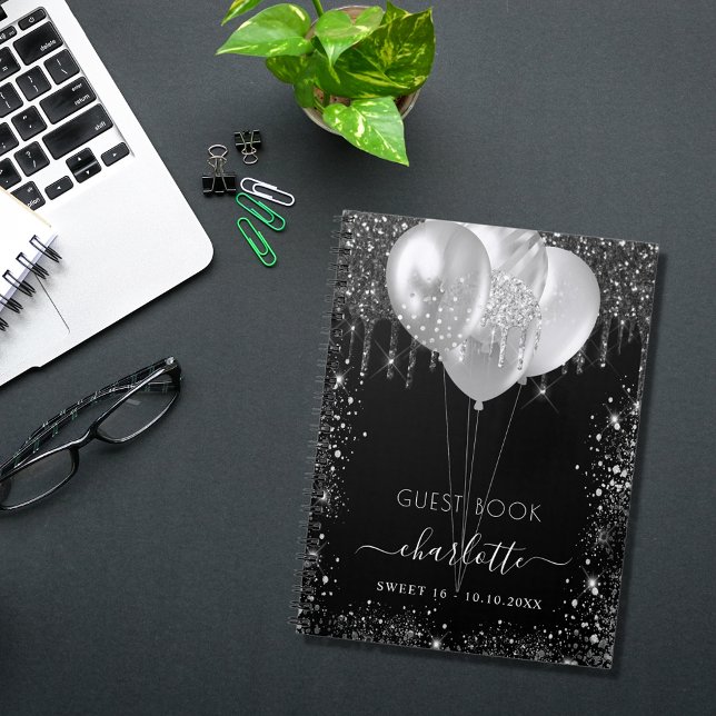 Livre d'invité Sweet 16 noir argent nom de parties (Créateur téléchargé)