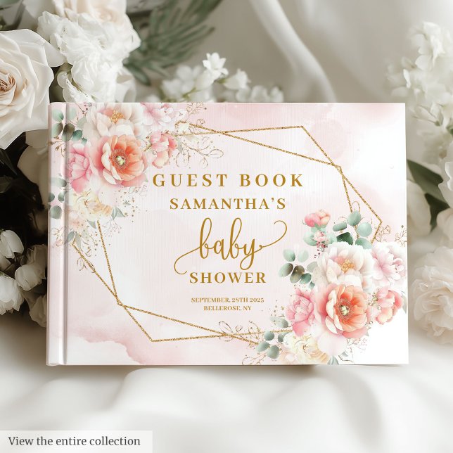 Livre d'invités baby shower rose vif et or fleuri (Baby shower blush pink and gold floral guest book)