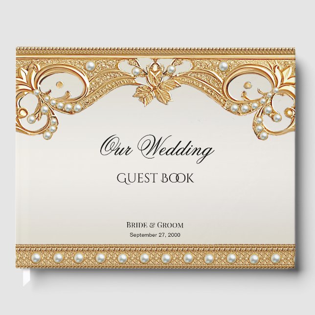 Livre d'invités Gold Ornate White Pearls (Recto)