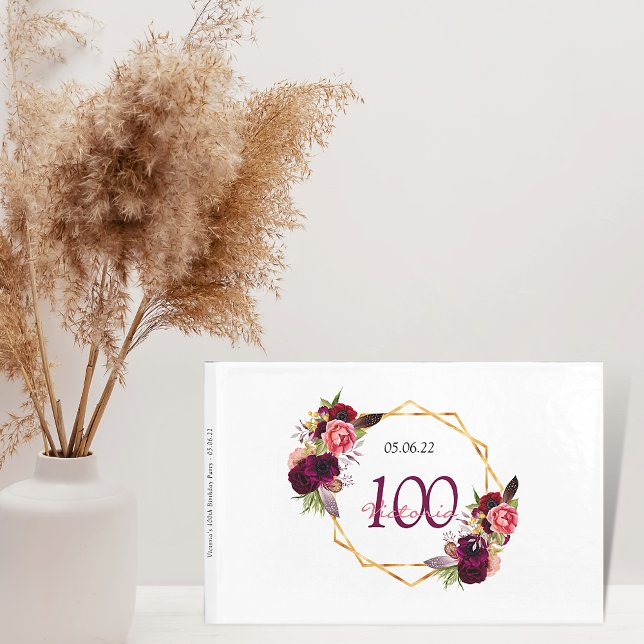 Livre D'or 100e anniversaire fête bordeaux floral géométrique (Créateur téléchargé)