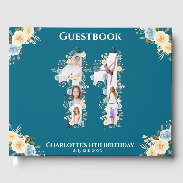 Livre D'or 11e anniversaire Turquoise photo Collage Fleur Jau (Recto)