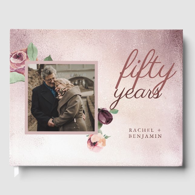 Livre D'or 50 ans Mariage Anniversaire Rose or Floral (Recto)