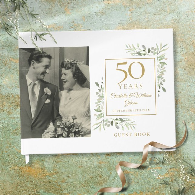 Livre D'or 50e anniversaire de Mariage d'or Photo de verdure (50th Golden Wedding Anniversary Greenery Photo Guest Book)