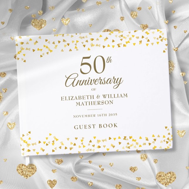 Livre D'or 50e anniversaire de Mariage Gold Hearts Confetti (50th Wedding Anniversary Gold Hearts Confetti Guest Book)
