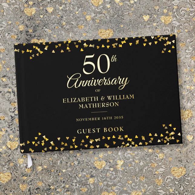 Livre D'or 50e anniversaire de Mariage Gold Hearts Confetti (50th Wedding Anniversary Gold Hearts Confetti Foil Guest Book)