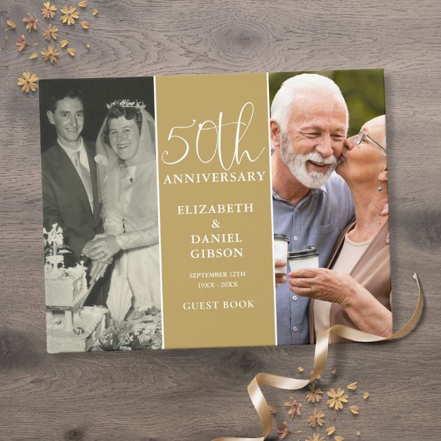Livre D'or 50e anniversaire du Mariage d'or 2 Photo (50th Wedding Golden Anniversary 2 Photo Guest Book)