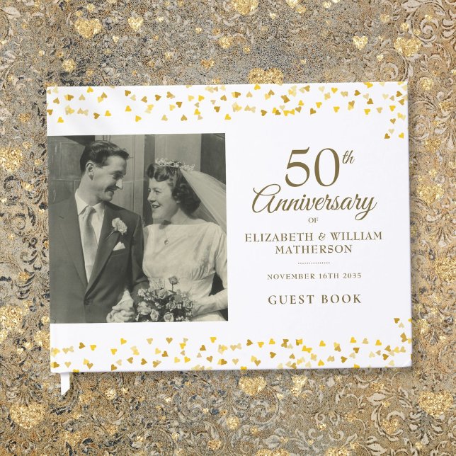 Livre D'or 50e anniversaire du Mariage Gold Hearts Photo (50th Wedding Anniversary Gold Hearts Photo Guest Book)