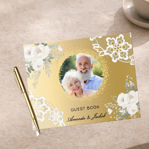 Livre D'or 50e anniversaire Mariage or photo dentelle florale