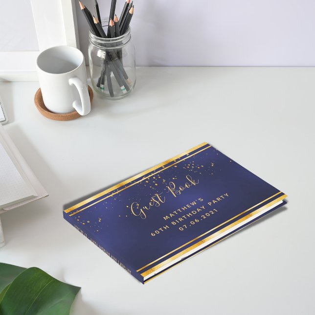 Livre D'or 60e anniversaire fête confetti en or bleu foncé (Créateur téléchargé)