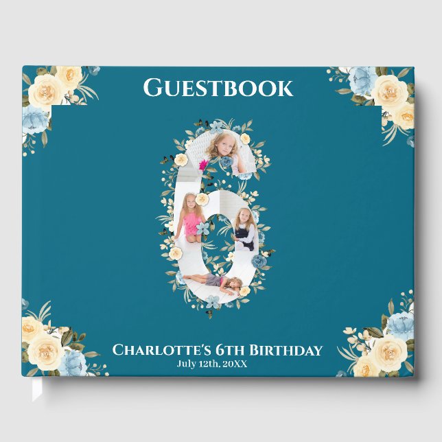 Livre D'or 6e anniversaire Fleur Turquoise photo Collage bleu (Recto)