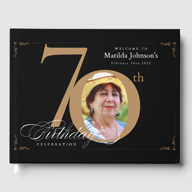 Livre D'or 70e anniversaire Elégante Calligraphie d'or noir (Recto)