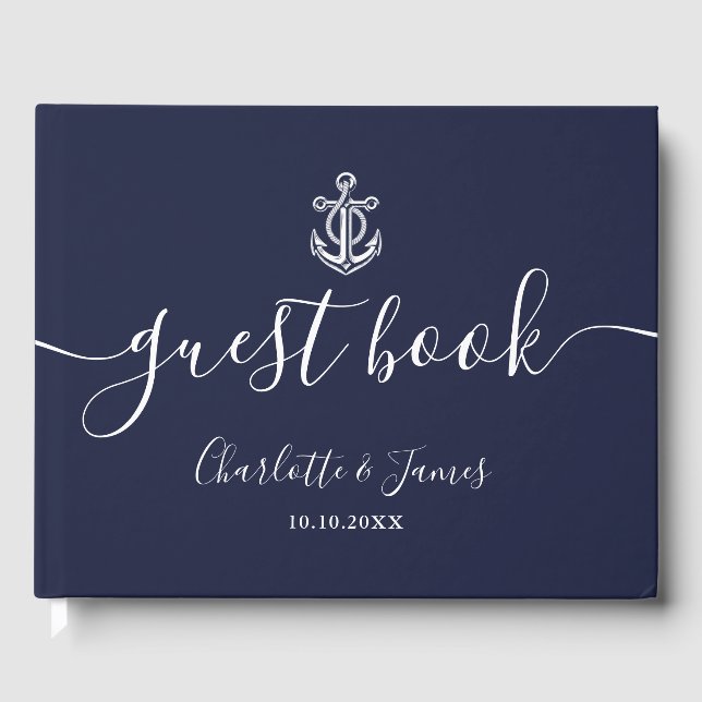 Livre D'or Ancre bleu marine Script Mariage nautique (Recto)