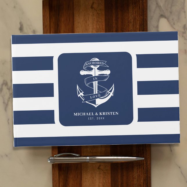 Livre D'or Ancré dans l'amour Ancre bleu marine rayé (Anchored in Love Nautical Blue Anchor Striped Guest Book
)