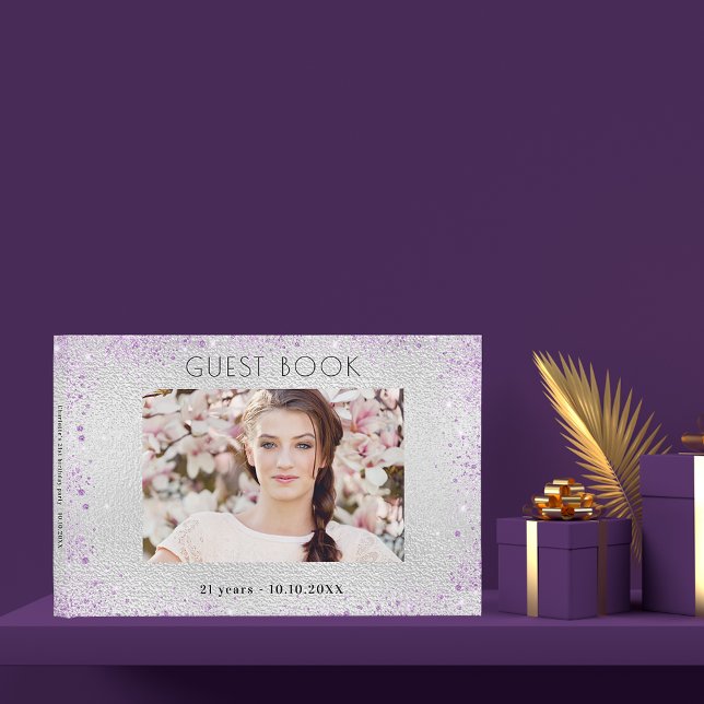 Livre D'or Anniversaire fête argent violet photo collage (Créateur téléchargé)