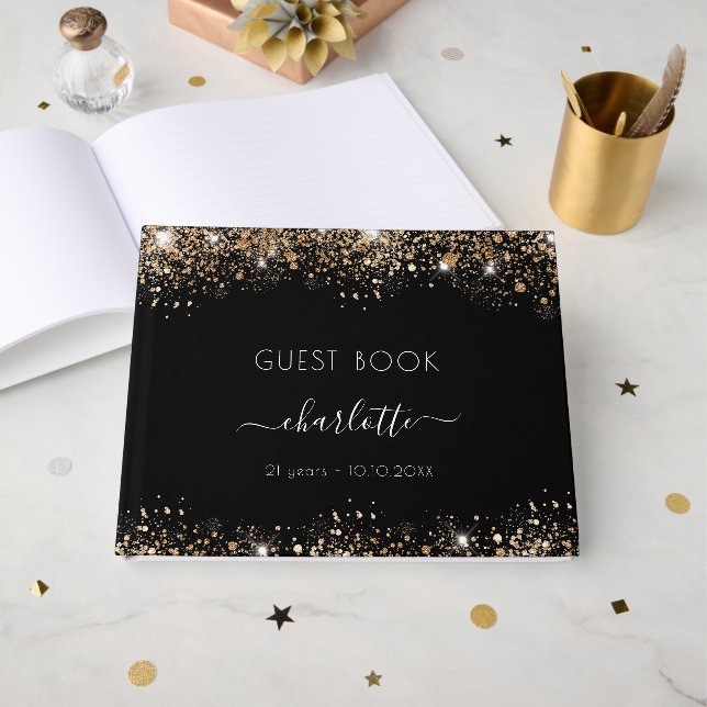 Livre D'or Anniversaire noir or parties scintillant scintille (Recto ouvert)