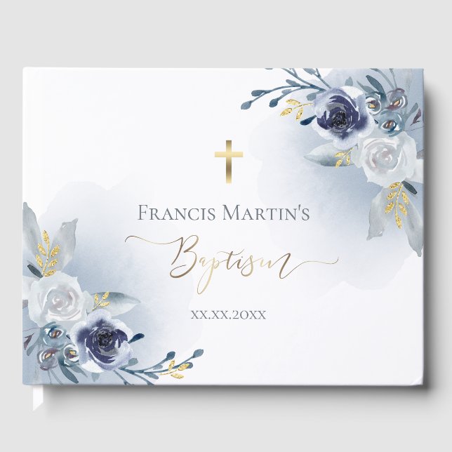 Livre D'or aquarelle bleu poussiéreux fleurs Baptême (Recto)