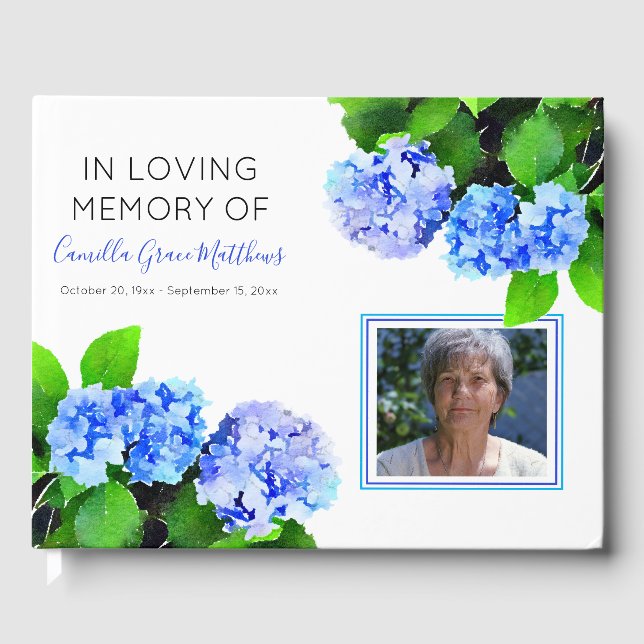 Livre D'or Aquarelle bleue Floral Photo Bereavement | Funérai (Recto)