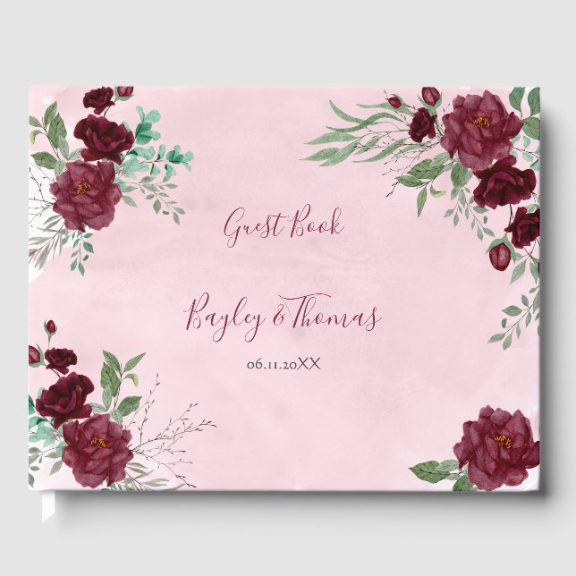 Livre D'or Aquarelle Bourgogne Rouge Rose Mariage (Recto)