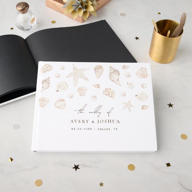 Livre D'or Aquarelle Coquillages Perles Mariage Boho Côtier (Recto ouvert)