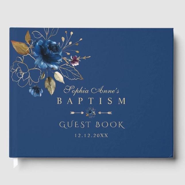 Livre D'or Aquarelle de luxe Blue Gold Flowers Baptême (Recto)